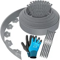 KESSER Rasenkante Flexible Beetumrandung aus Kunststoff 10/ 20/ 30/ 40/ 50m - Höhe 5cm, Mähkante Pflastersteine Palisade, Rasenkante mit Erdanker + Handschuhe Beeteinfassung Beetbegrenzung