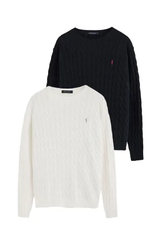 Zweierpack Herren-Strickpullover marineblau und ecru mit Zopfmuster und Rigby Go Logo