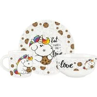 United Labels® Frühstücks-Geschirrset Pummel & Friends - Pummeleinhorn - Eat what you love - 3-tlg., 1 Personen, Porzellan