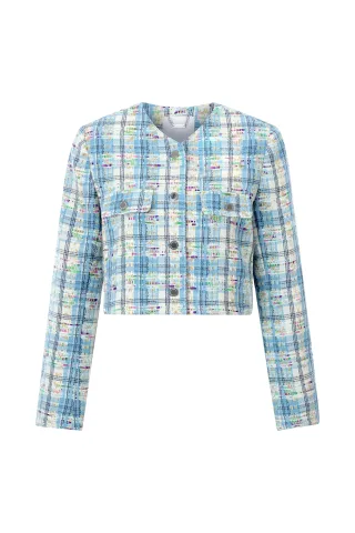 Rich & Royal - Cropped Bouclé check jacket ocean blue - Gr. - 42