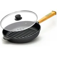 4BIG.fun Bratpfanne 24cm Grillpfanne aus Gusseisen mit Glasdeckel, Gusseisen (Induktion Holzgriff Bratpfanne Pfanne Feuerpfanne Feuerpfanne / Steakpfanne), abschraubbarer Griff, Induktion
