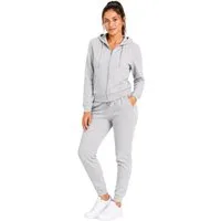 L.gonline Freizeitanzug Damen Jogginganzug einfarbig 100% Baumwolle 586 Grau L (Kapuzenjacke mit Reißverschluss, Hose, 2-tlg), Fitness Freizeit Casual