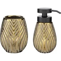 WENKO Badaccessoire-Set Modell Idro Gold, Seifenspender und Zahnputzbecher aus Keramik mit Linien-Struktur