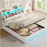 MSMASK Polsterbett mit Steckdosen und LED-Beleuchtung, Doppelbett mit Stauraum Kopfteil (1-tlg., Ohne Matratze), Hydraulik-Stauraumbett, Jugendbett 140x200cm