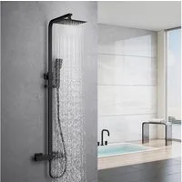 MEYKOERS Duschsäule Duschsystem mit Thermostat, Regendusche und Handbrause, Mattschwarz, Messing-Armaturenkörper und Edelstahl-Steigrohr, 1,5m PVC‑Schlauch