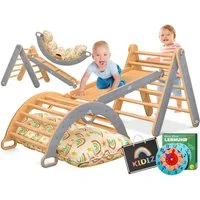 KIDIZ Klettergerüst mit Kletterbogen Montessori 7in1 Spiel-Set aus Holz, (inklusive Rutsche, Kletterdreieck, Kissen, Tafel & Lern-Uhr), Indoor Spielplatz für Kleinkinder ab 1 Jahr & Kinder bis 3 Jahre
