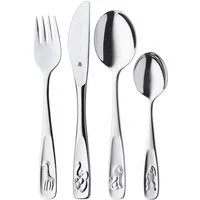 WMF Kinderbesteck Tiere (4-tlg), 1 Personen, Cromargan® Edelstahl Rostfrei 18/10, Kindermesser mit leichtem Wellenschliff
