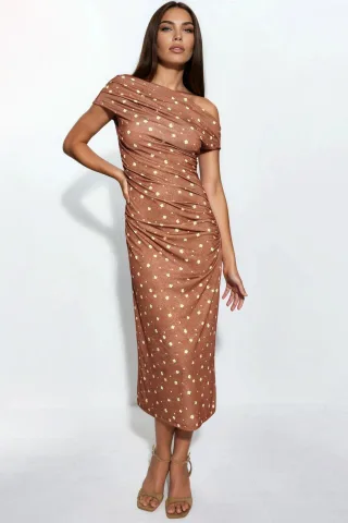 Asymmetrisches Hals Blumen-Midi-Kleid