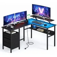 VASAGLE Schreibtisch L-förmiger Computertisch, Gaming-Tisch, 120 x 150 x 76 cm, Homeoffice, mit Monitorständer, LED-Beleuchtung, USB-Anschlüsse, ebenholzschwarz