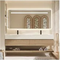 Muxing Badmöbel-Set Doppelwaschbecken Travertinoptik mit Spiegel, Unterschrank und Ablage, (Set)