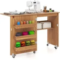 COSTWAY Schreibtisch, Nähtisch klappbar, Nähschrank mit Rollen, Holz
