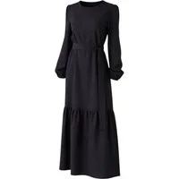 fashionshowcase Maxikleid Damen Crinkle Kleid mit Gürtel, Ballonärmel, 140 cm, Gr. 36–46 Mit Bindegürtel in Taille und dezentem Volant am Saum