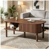 Merax Couchtisch in Holzoptik, Skandinavischer Beistelltisch Satztisch (1-St), Wohnzimmertisch mit Schiebetür, Stauraum & Holzbeinen, 110×55×45cm