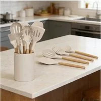 OKWISH Kochbesteck-Set 12er Küchenutensilien Set Küchenhelfer Kochgeschirrset (mit Hitzebeständigem Holzgriff und Aufhängeschlaufe, 12-tlg., Kochbesteck, Silikon und Holz), BPA-frei für Kochen Braten Schöpfen Mischen und Backen usw