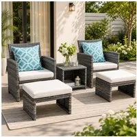Sunsitt Balkonset Balkonmöbel-Set, 5-tlg Rattan Gartenmöbel-Set, (2er Gartensessel mit Beistelltisch&Hocker,Gartensitzgruppe inkl), Sitzkissen&Rückenkissen, Gartensofa Set für Garten Indoor Balkon, Weiß