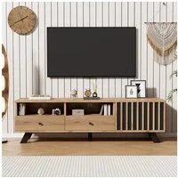 Merax Lowboard mit Holzmaserung-Oberfläche in Holzfarbe und Schwarz (1 St., 150x38x44cm), TV-Schrank mit Schrank, 2 Schubladen und offenen Staufächern