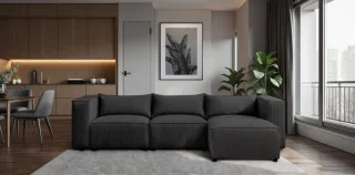 Ecksofa Designersofa NEVIO in Stoff Lincoln Schwarz Ottomane Rechts