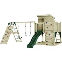 OutdoorToys Spielturm Frida, aus Holz in Dunkelgrün mit Trapezstange & Rutsche, Kletterwand