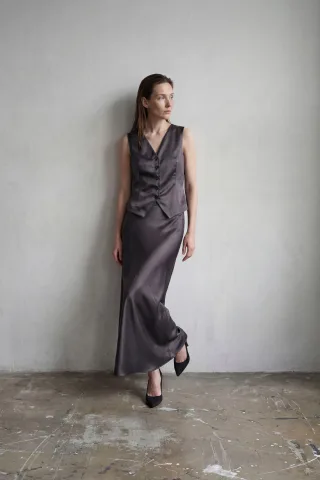 V-Ausschnitt Weste & Maxirock Satin Zweiteiliges Set