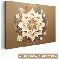 OneMillionCanvasses® Leinwandbild Mandala - Blumen - Weiß - Braun, Fotodruck (1 St), Leinwand Bilder Klein, Wand Dekoration Aesthetic 30x20 cm