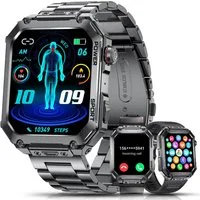 Zevelora Militär 400mAh 100+ Sportmodi 5ATM Wasserdicht mit Telefonfunktion Smartwatch (1.96 Zoll, Android/iOS), mit 3 Bänder 400mAh 100+ Sportmodi Telefonfunktion Metallarmband