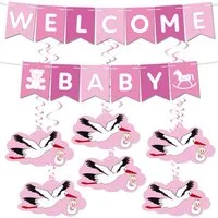 BRUBAKER Girlande Welcome Baby Wimpelkette für Jungen und Mädchen mit Storchanhängern, Willkommensdeko Set für Zuhause, Babyparty und Babyzimmer Dekoration