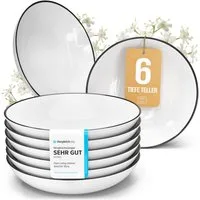 PURE LIVING INTERIOR DESIGN Geschirr-Set Pure Living Suppenteller 6er 20cm »Scandi«, Porzellan weiß, 6 Personen, Porzellan, Zeitloses skandinavisches Design, Eleganter schwarzer Rand, Minimalis…