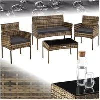 tectake Sitzgruppe Rattan Gartenset für 4 Personen, Sofa 250 kg, je Sessel 120 kg, (Loungeset Palese, 4-tlg., für Außen in Naturfarben), abnehmbare Polyesterbezüge, wetterfest, mit Sicherheitsglasplatte
