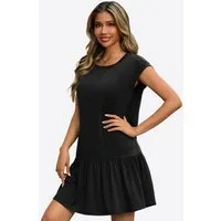Imily Bela Minikleid Damen Sommer T-Shirt Casual Kurzarm Rüschen Loose (Packung, 1-tlg., 1per-Pack) Rundhals in Unifarbe