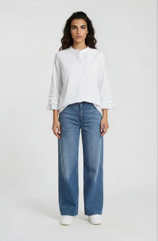 Milano Italy - roundneck blouse 3/4 sleeve w volant + ruffles white - Gr. - 46