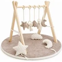 LuMali Baby Gym Holz Spielbogen klappbar 5 Spielzeuge Matte 41x58x49cm Naturholz, (5 sensorische Anhänger 2 Baumwollschnüre Montageset), Spieltrapez Neugeborene sensorisch Spielmatte 78cm wendbar ab Geburt