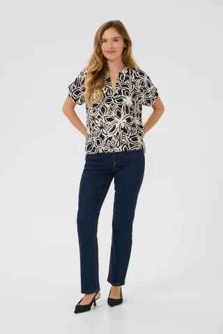 Kurzarm-Bluse Regular fit Black / Light Beige Flower floral