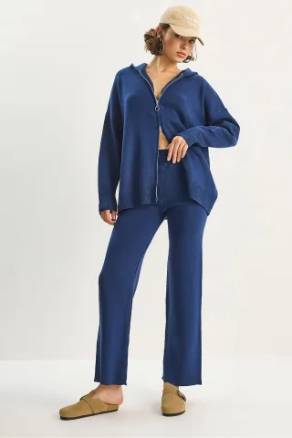 Hochtaillierter Reißverschluss-Kragen Cardigan und Hosen Set