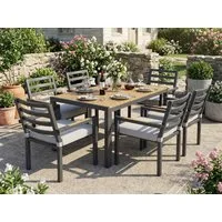 KLAM HOME Garten-Essgruppe Gartenmöbel-Set 6 Personen Grau, Tisch + 6 Stühle verzinktes Eisen, (Garten-Essgruppe mit Kunststoffholz-Tischplatte & Armlehnenstühlen), Outdoor Essgruppe 6-Sitzer stabil aus verzinktem Eisen