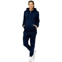 L.gonline Freizeitanzug Damen Jogginganzug einfarbig 100% Baumwolle 586 Navy S (Kapuzenjacke mit Reißverschluss, Hose, 2-tlg), Fitness Freizeit Casual