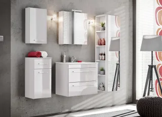 Badmöbel 5-tlg Badezimmerset TOSCA Weiss HGL inkl.Waschtisch 60cm
