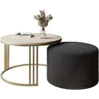 Lookway Couchtisch LORI MATT mit Hocker auf einem gebürsteten goldenen Gestell (1 Tisch mit Hocker), Durchmesser: ⌀70 cm
