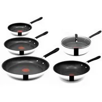 Tefal Pfannen-Set Jamie Oliver E76 Pfannenset 20,24,28cm + Wok 28cm Schmorpfanne mD 25cm, Edelstahl 18/10 (Pfanne, Bratpfannen Set, Pfannenset, Wok, Wokpfanne, Schmorpfanne, Pfannen + 1 Wender & Schoner Antihaftbeschichtet Pfannenset mit Deckel), ohn