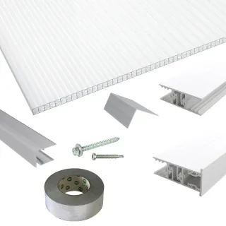 Polycarbonat Stegplatten | Terrassendach-Set | Zevener Sprosse Verlegeprofil | 16 mm | X-Struktur | glasklar
