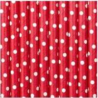 partydeco Trinkhalme, Papierstrohhalme mit Punkten 19cm rot weiß 10er Set