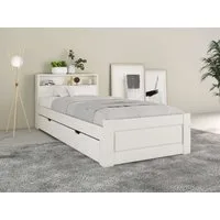 OTTO home Massivholzbett FLAVION, Jugendbett, Stauraum, FSC® zertifizierte Kiefer (Breite: 90, 140, 180), Qualitätsprodukt, Regal, Kassettenoptik, Schublade optional