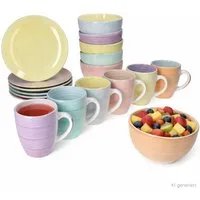 MamboCat Frühstücks-Geschirrset 18tlg Frühstücksset Pastello Steingut pastell-Farben Teller Becher, Steingut