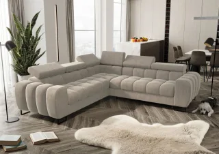 Ecksofa Schlafsofa BASTIEN in Stoff Terra Beige Seite Universal