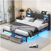zebery Polsterbett LED Stauraumbett Doppelbett mit Ladefunktion (Kopfteil mit Stauraum,USB-Anschlüsse,Metallrahmen), Jugendbett 140x200cm mit 2 Schubladen
