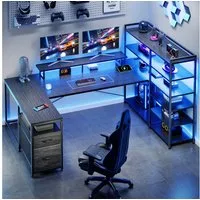 Klyvvo Eckschreibtisch U-Form Schreibtisch mit LED, 2 Schubladen & 6 Regalen (1-St., Monitorhalterung, Steckdosen), Großer Schreibtisch für Homeoffice, Studieren, Gaming