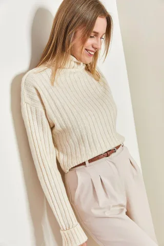 Rippstrick-Turtleneck-Crop-Pullover