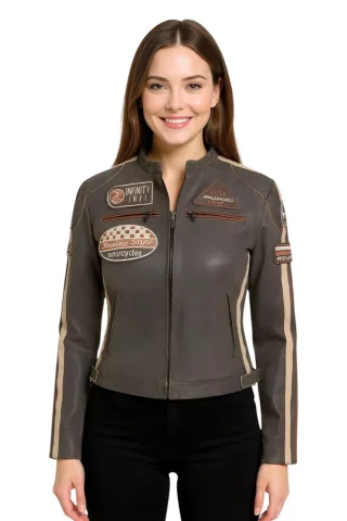 Damen Vintage Hellbraune Lederjacke mit Rennabzeichen, Dalby