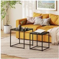 HOMCOM Beistelltisch Quadratischer Sofatisch Satztisch mit Glastischplatte (Couchtisch-Set, 2-St., Kaffeetisch), Stahl Schwarz