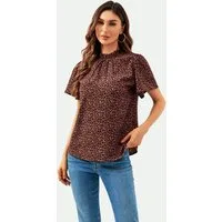 FS Collection Kurzarmbluse Damen Bluse mit Engelsärmeln und hohem Kragen im Leo-Design (XS (EU:36 / UK:8) · S (EU:38 / UK:10) · M (EU:40 / UK:12) · L (EU:42 / UK:14) · XL (EU:44 / UK:16) leicht, fließend, formstabil und pflegeleicht
