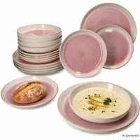 MamboCat Teller-Set 18tlg Tellerset Reactive Paris Creme Pink 6 Personen Steingut Essen, Steingut